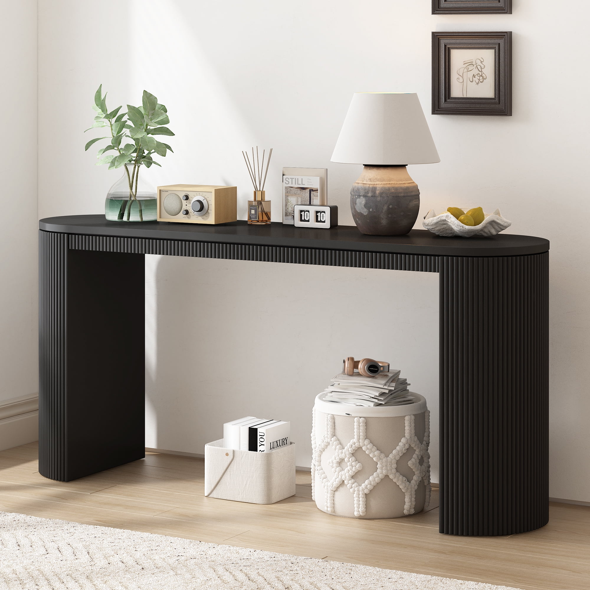 EUROCO 59.2" Long Curved Console Table with Vertical Stripe , Narrow Sofa Table Behind The Couch, Wooden Rectangular Entryway Table for Entrance, Hallway, Living Room, Black