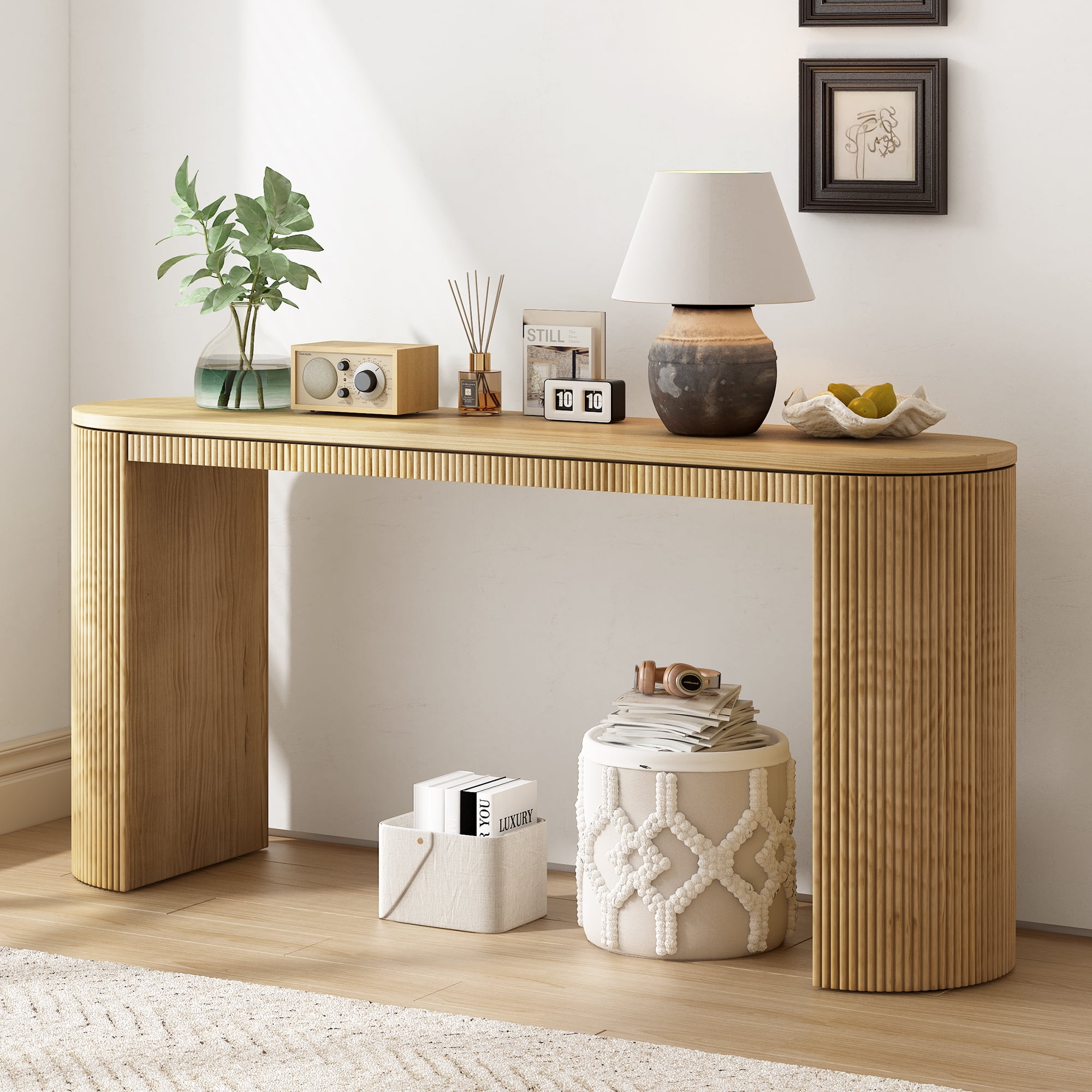 EUROCO 59.2" Long Curved Console Table with Vertical Stripe , Narrow Sofa Table Behind The Couch, Wooden Rectangular Entryway Table for Entrance, Hallway, Living Room, Natural