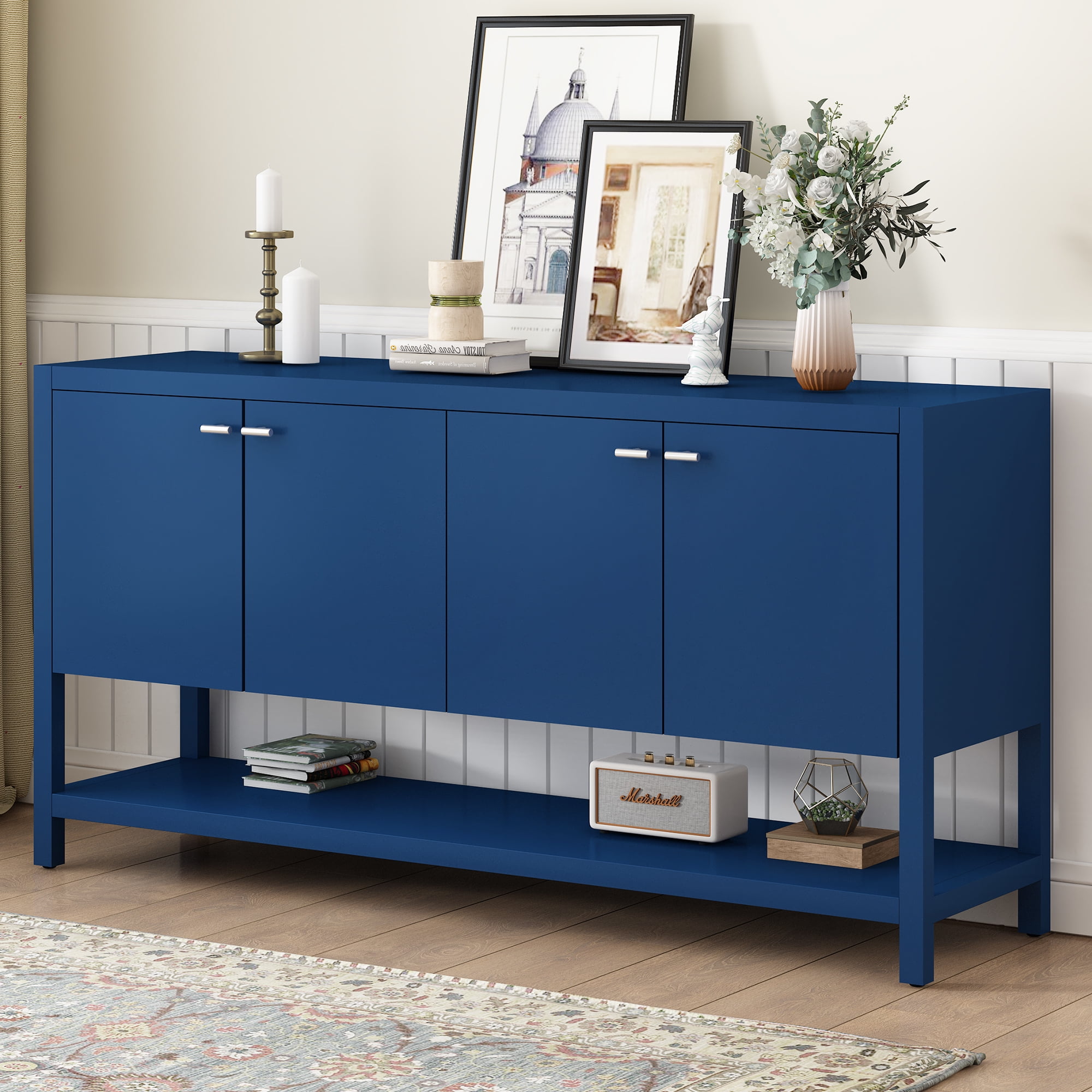 EUROCO 59.6" Long Console Table,Narrow Wood Sofa Table with 4 Doors,Wood Frame and Open Storage Shelf,Entryway Table for Living Room, Hallway, Foyer, Bedroom,Navy Blue