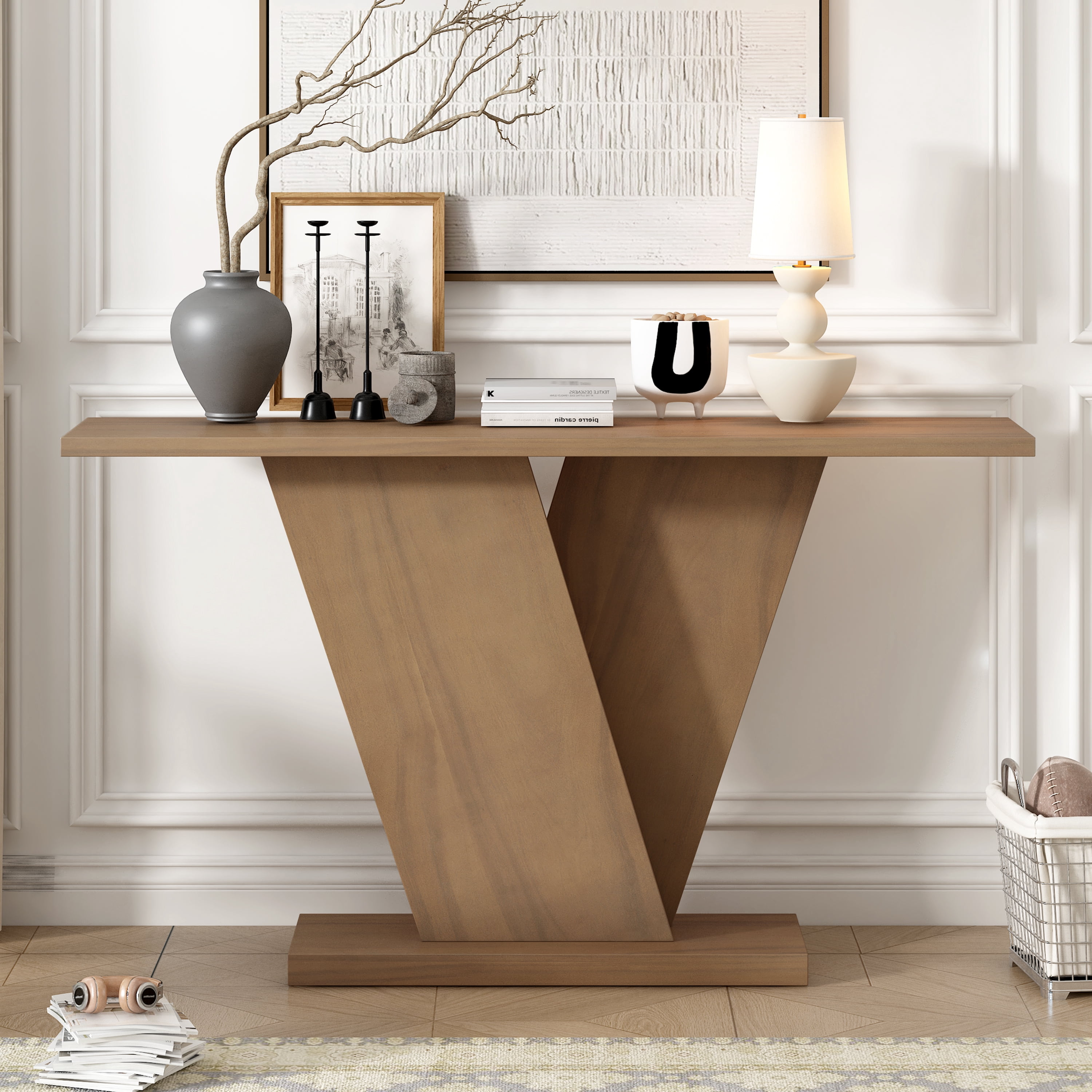 EUROCO 59.8" Console Table with V-Base Design,Wooden Entryway Sofa Table, Unique Long Accent Hallway Table for Living Room,Brown