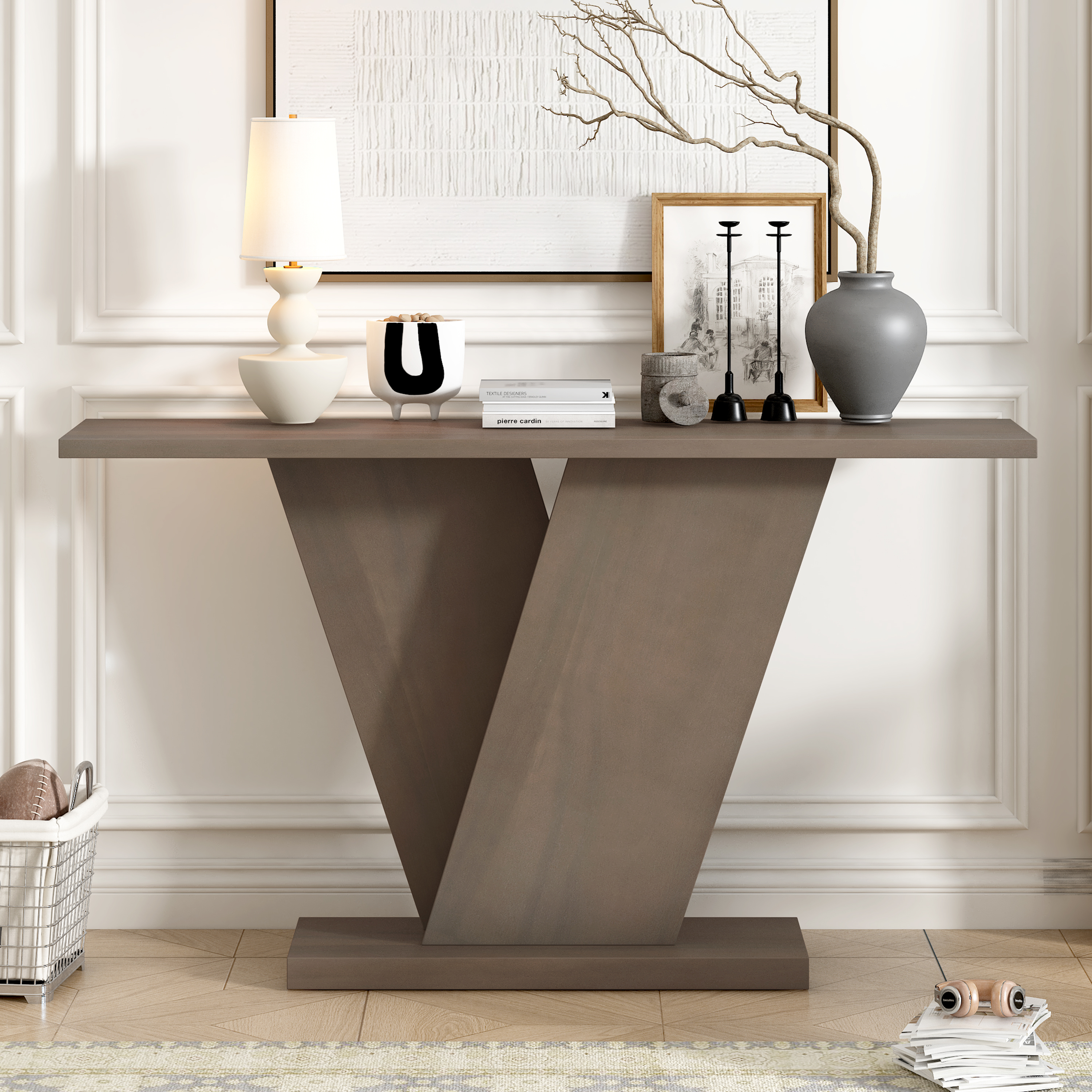 EUROCO 59.8" Console Table with V-Base Design,Wooden Entryway Sofa Table, Unique Long Accent Hallway Table for Living Room,Taupe