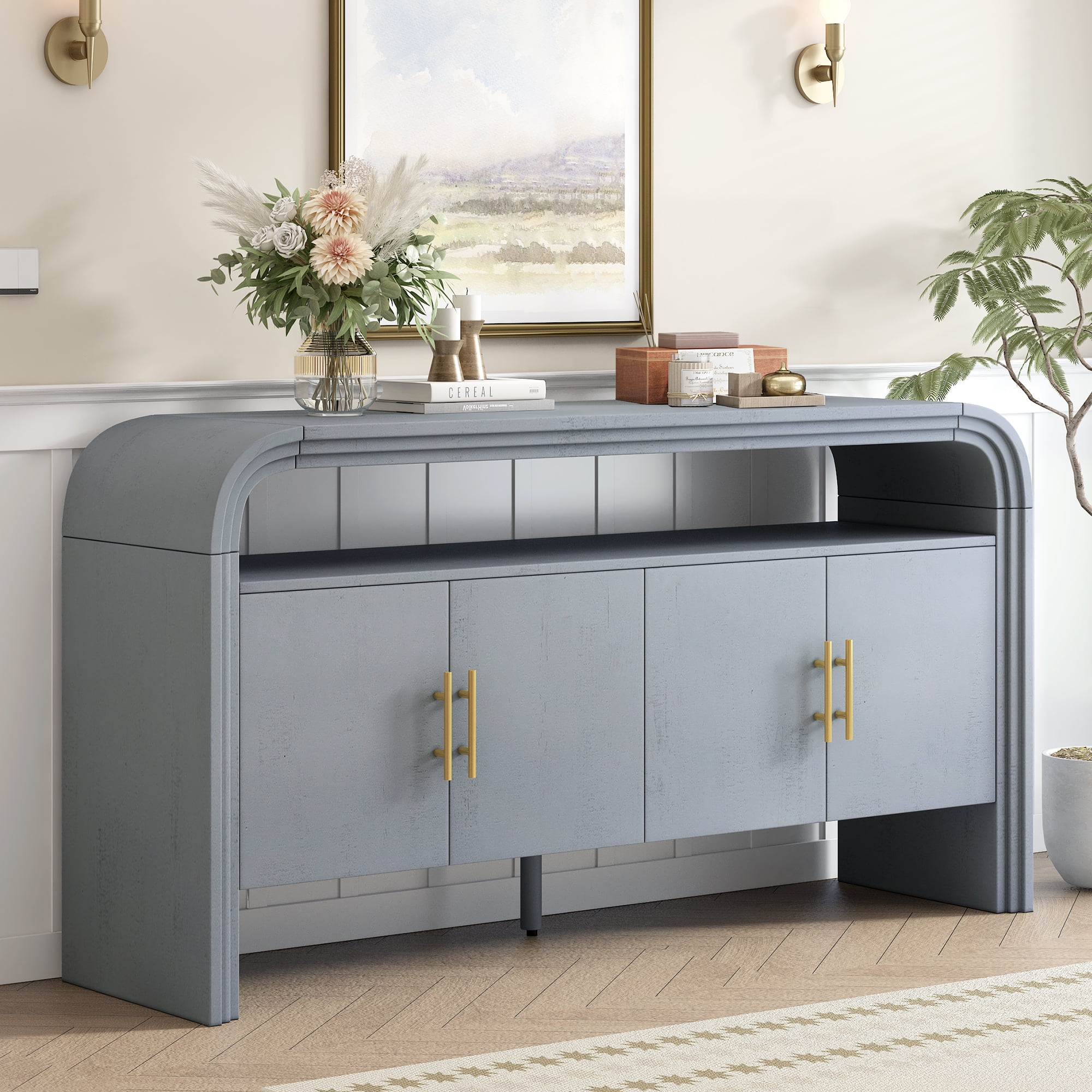 EUROCO 59.8" Long Console Table,Modern Entryway Table with 4 Cabinets,Open Storage Shelf and 4 Doors,Accent Table Behind Couch Table for Living Room/Entryway/Foyer/Hallway,Gray