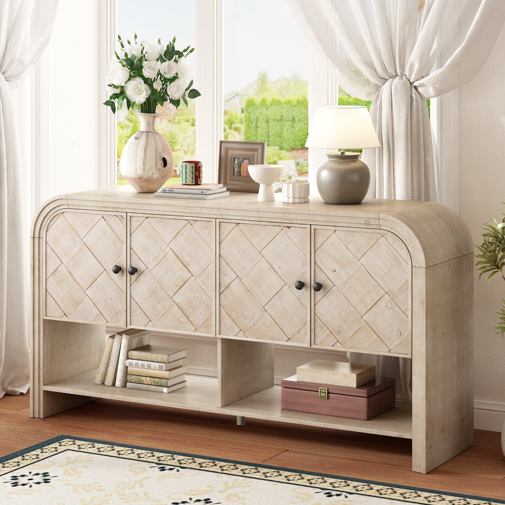 EUROCO 59.8" Long Console Table,Wood Entryway Table with 4 Doors and Open Storage Shelf, Narrow Long Sofa Table Behind Couch for Hallway, Living Room,Beige