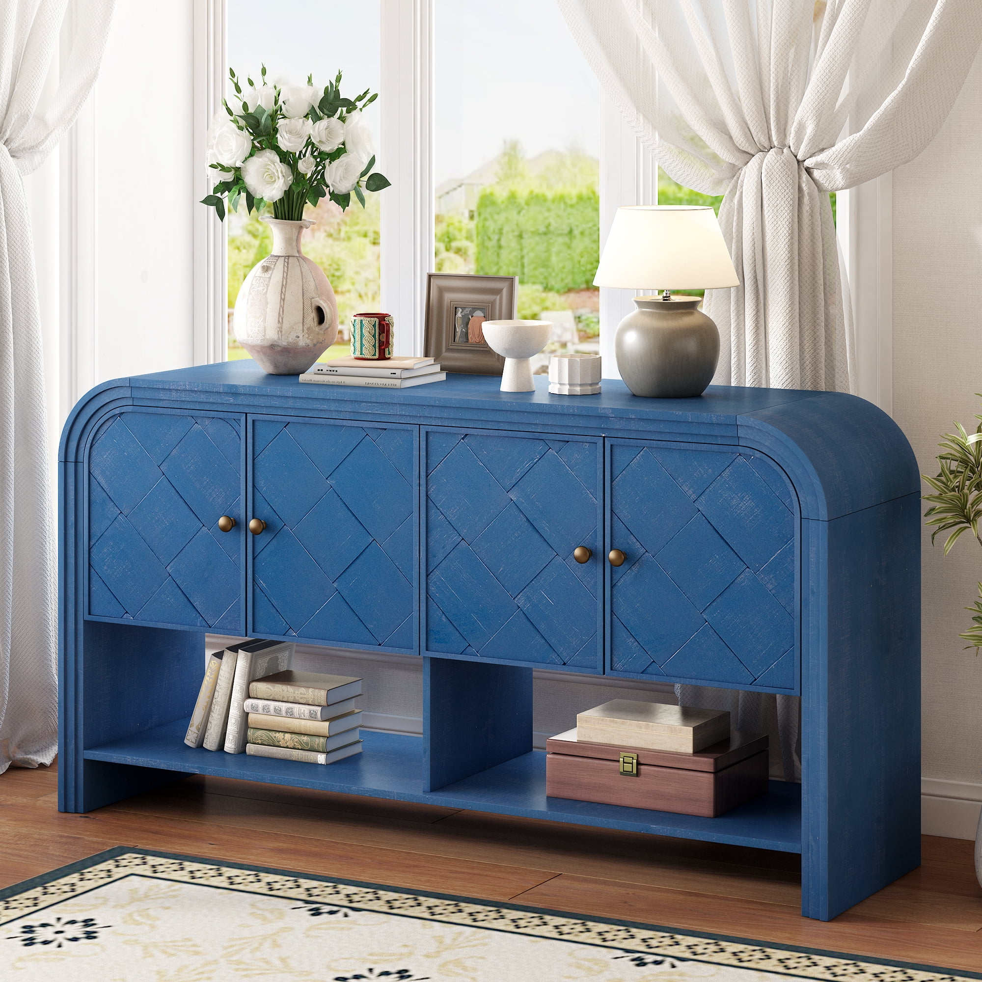 EUROCO 59.8" Long Console Table,Wood Entryway Table with 4 Doors and Open Storage Shelf, Narrow Long Sofa Table Behind Couch for Hallway, Living Room,Navy Blue