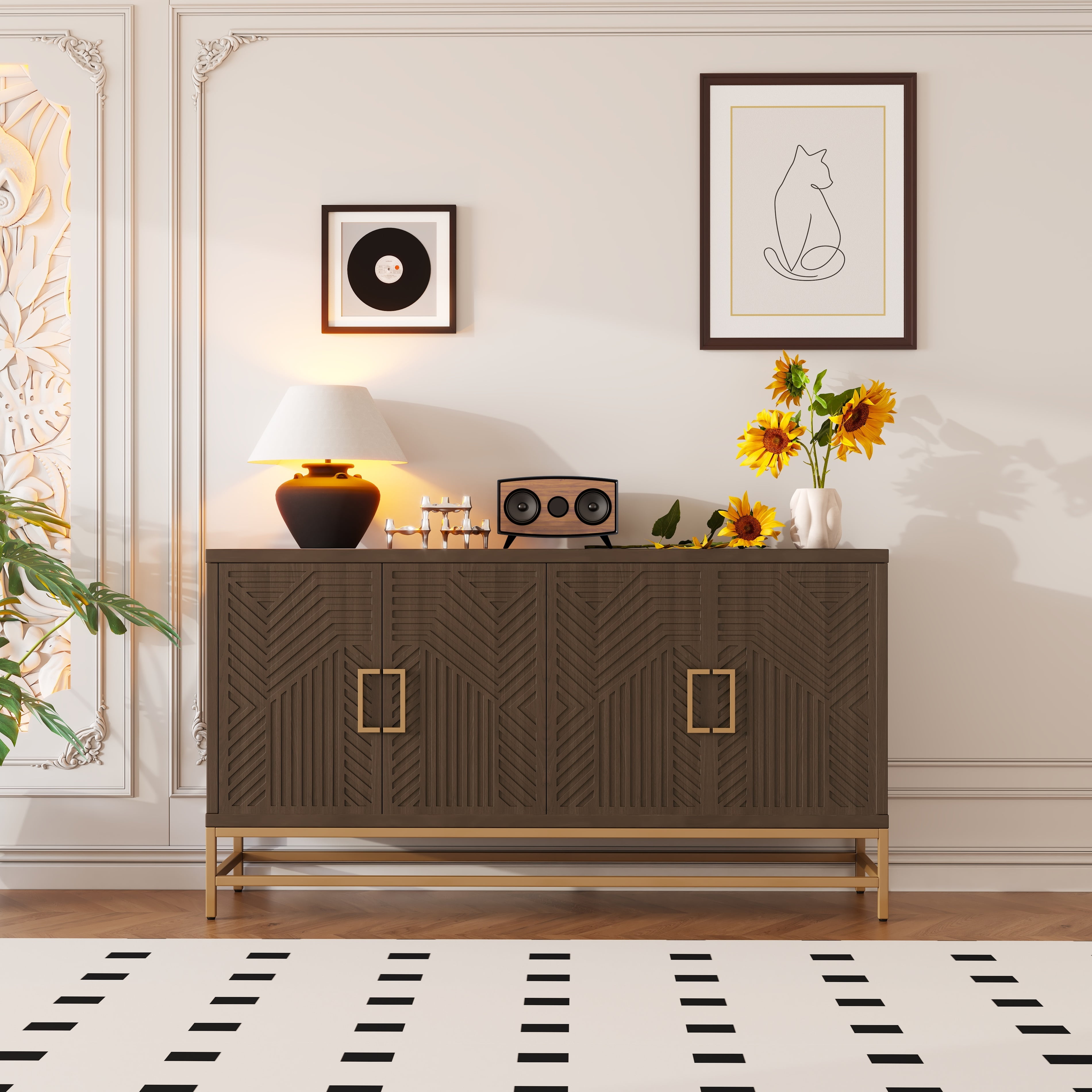 EUROCO 59.8" Retro Sideboard Storage Buffet Cabinet, wooden Buffet Cabinet with 4 doors, 2 Adjustable Shelves, Rectangular Metal Handles and Legs for Kitchen, Living room, and Dining Room, Espresso