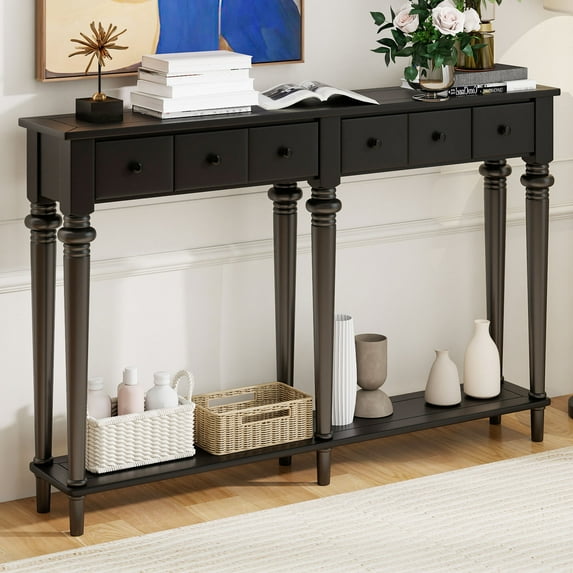 EUROCO 59.8" Solid Wood Console Table,Retro Long Sofa Table Entryway Table with 4 Drawers and Bottom Shelf for Hallway Living Room,Black