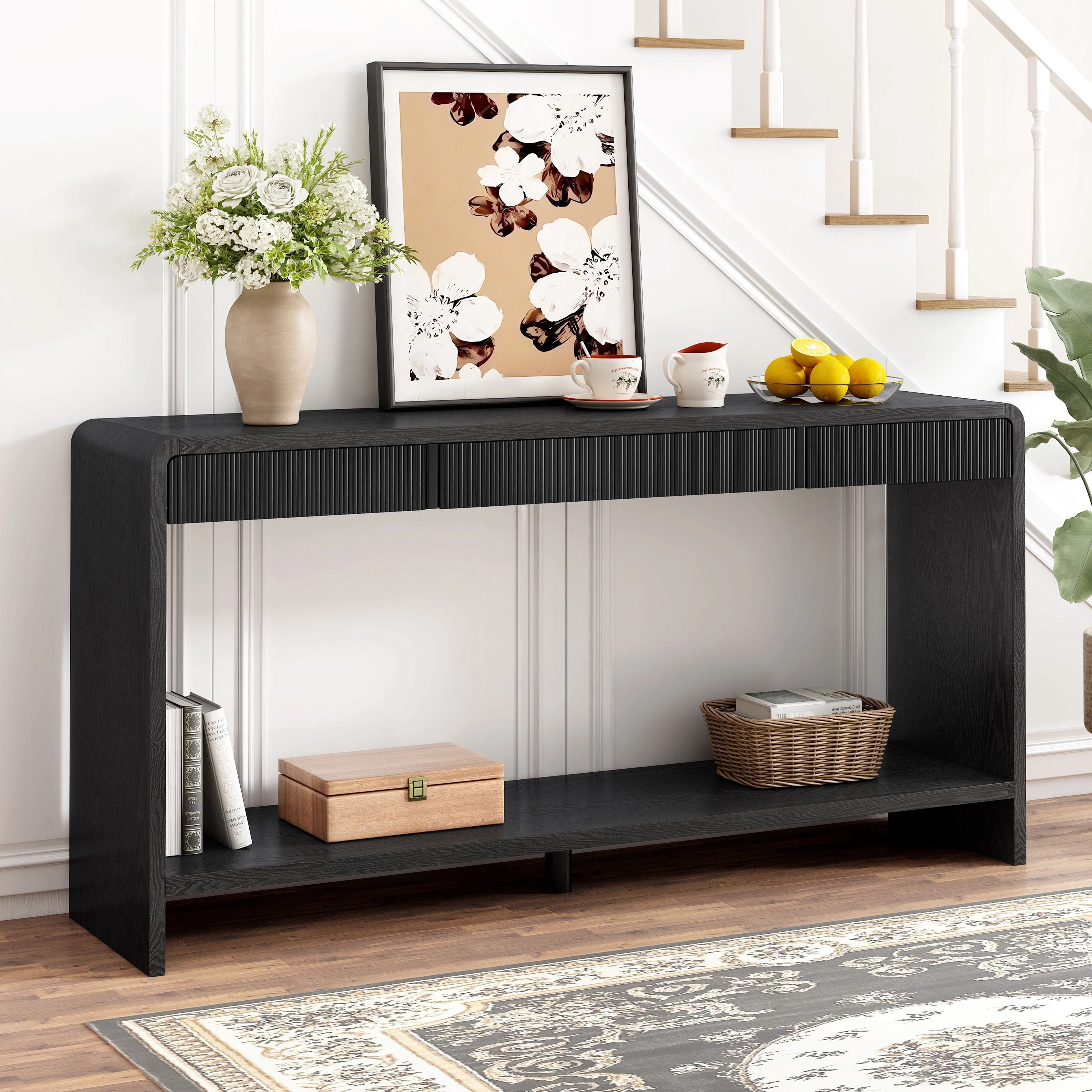 EUROCO 59" Console Table with 3 Drawers,Narrow Long Entryway Table with Round Edge Design and Bottom Shelf for Entryway Hallway Living Room,Black