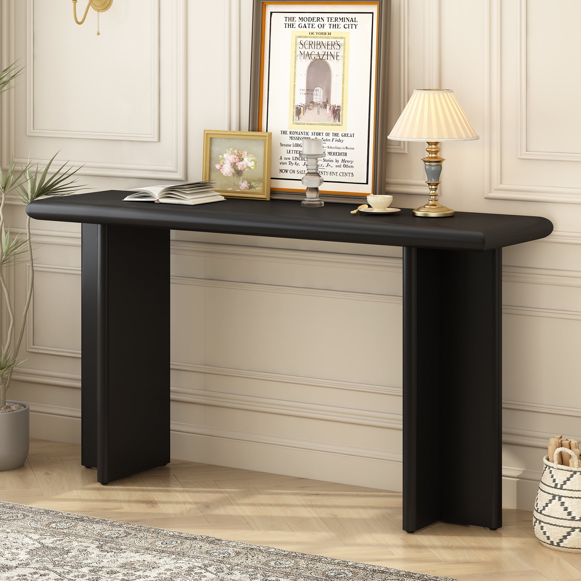 EUROCO 59" Long Console Table with L-Shaped Legs,Wood Sofa Table Behind Couch,Narrow Entryway Accent Table for Living Room, Hallway, Entrance, Foyer,Black