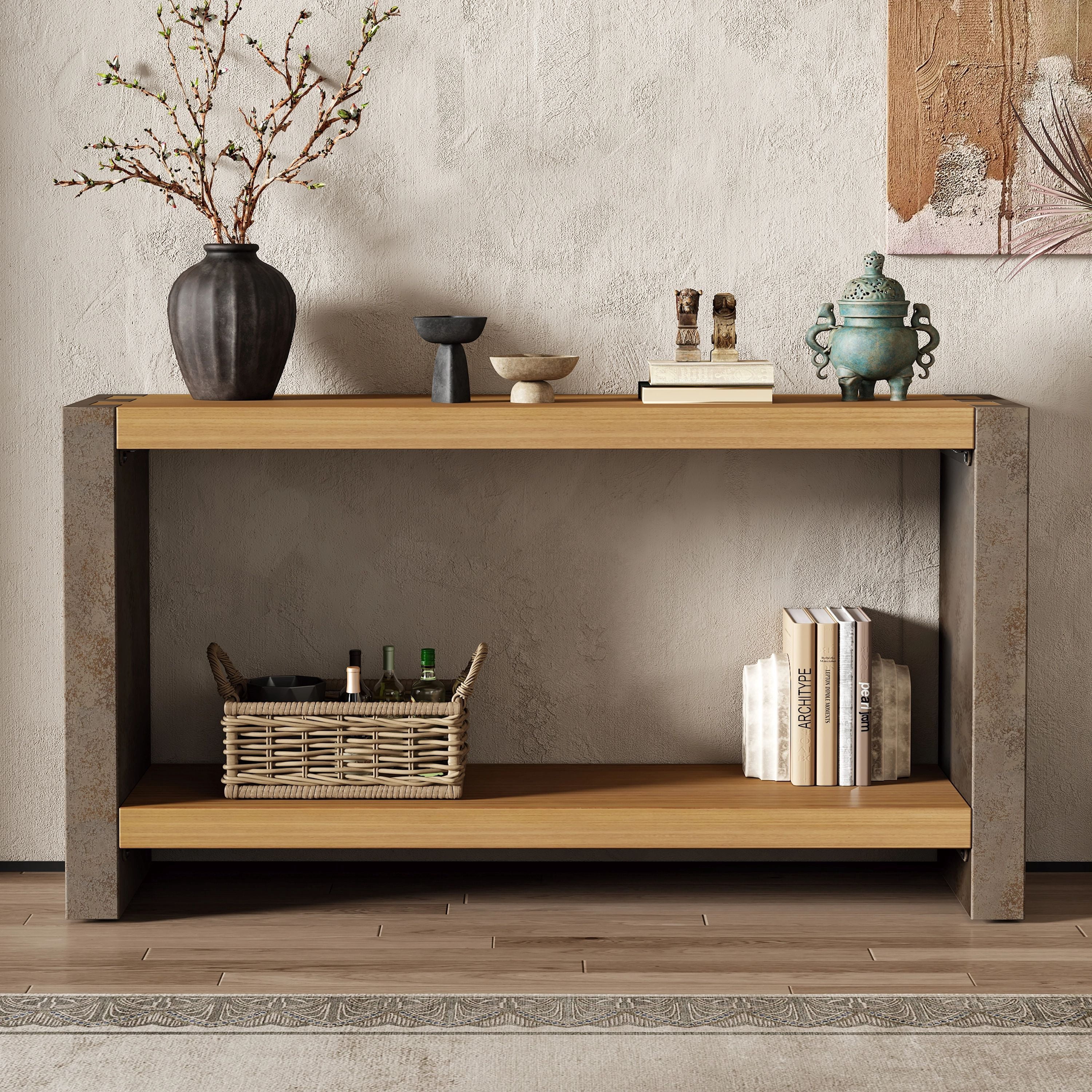 EUROCO 59" Vintage Industrial Console Table,2-Tier Narrow Long Sofa Table Entryway Table with Open Storage Shelf & Dovetail Joinery for Living Room,Brown
