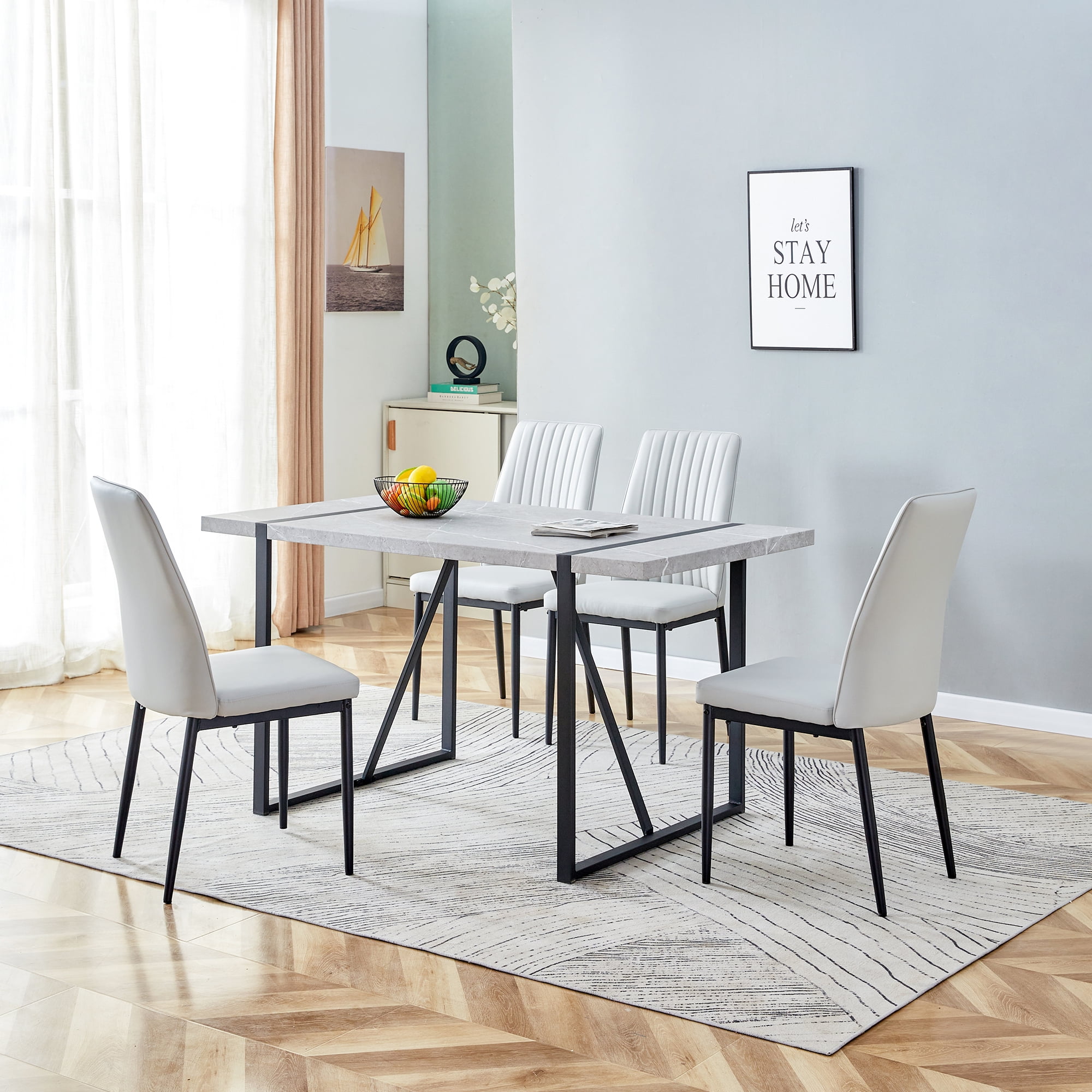 EUROCO 5PCS Faux Marble Dining Table Set for 4,55.1” Dining Room Table Set with MDF Tabletop