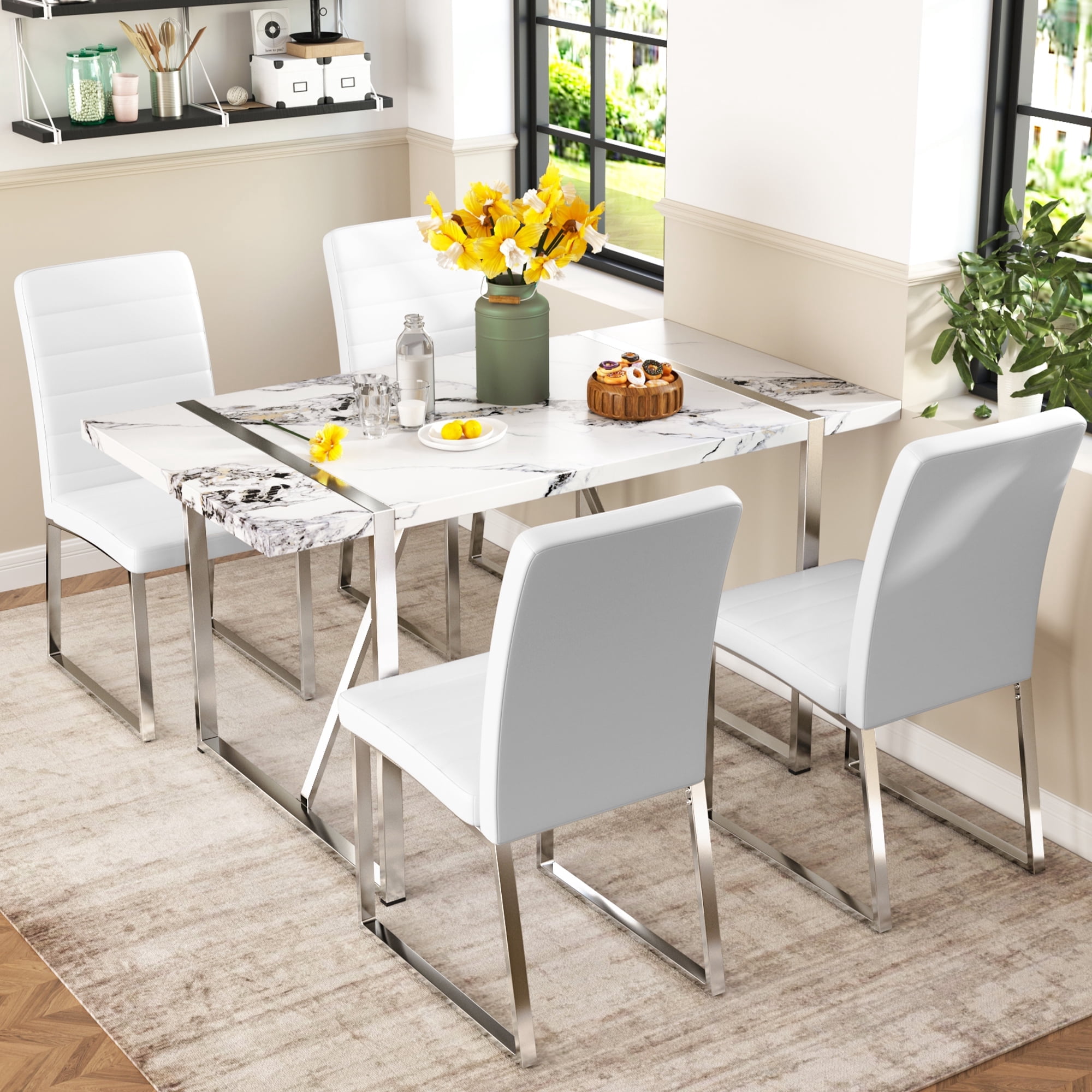 EUROCO 5PCS Faux Marble Dining Table Set,55.1" Longer Dining Room Table Set for 4 with MDF Tabletop,Stainless Steel Table and Chair Legs,4 PU Leather Chairs,Easy Clean and Waterproof Kitchen Set