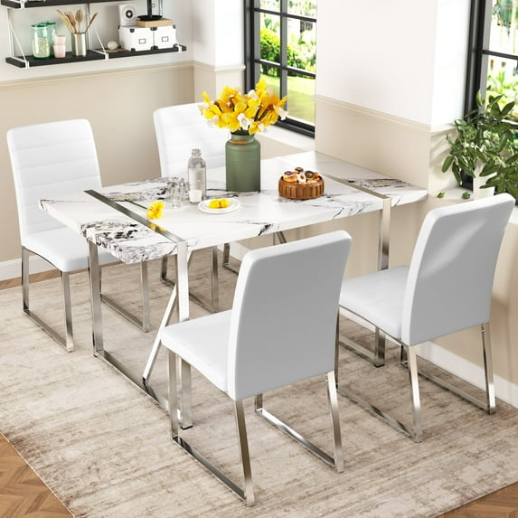 EUROCO 5PCS Faux Marble Dining Table Set,55.1" Longer Dining Room Table Set for 4 with MDF Tabletop,Stainless Steel Table and Chair Legs,4 PU Leather Chairs,Easy Clean and Waterproof Kitchen Set