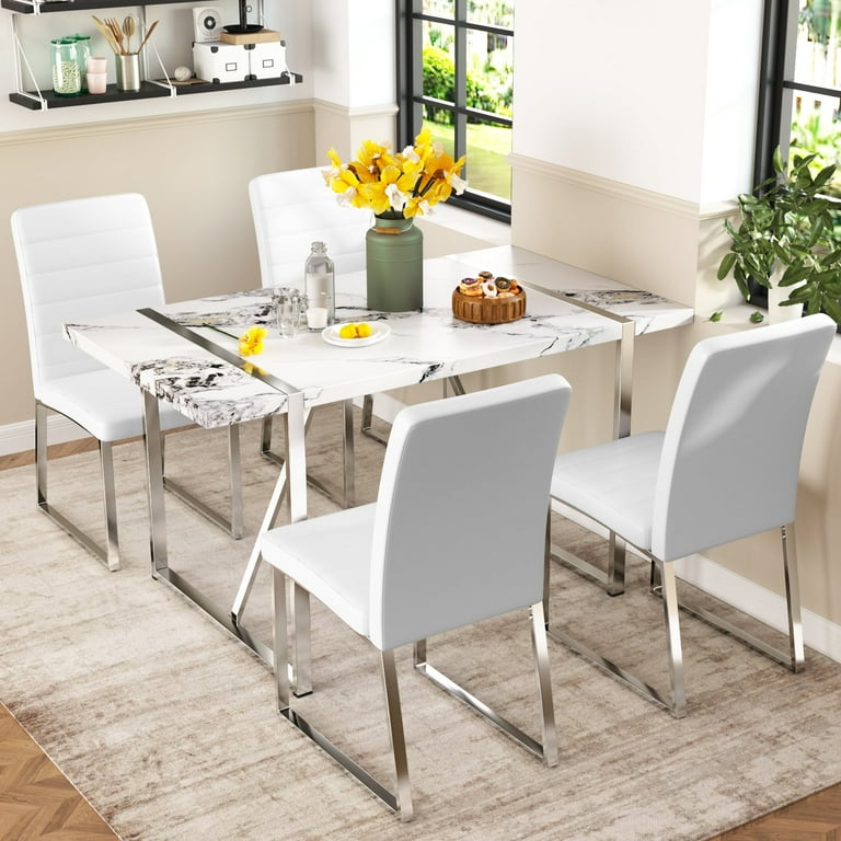 EUROCO 5PCS Faux Marble Dining Table Set 55.1 Longer Dining Room Table Set for 4 with MDF Tabletop Stainless Steel Table and Chair Legs 4 PU Leather Chairs Easy Clean and Waterproof Kitchen Set Walmar...