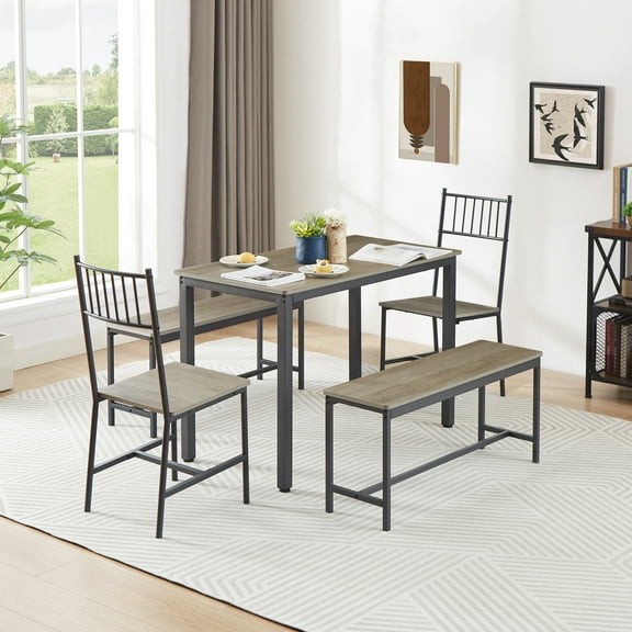 EUROCO 5PCS Kitchen Dining Table and Chair Set,43.3 Dining Room Table Set with 2 Back Chairs and 2 Benches,Breakfast Nook Table,Rectangle Dining Table for 6