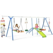 EUROCO 6 in 1 Metal Swing Sets,Heavy Duty Kid Swing Sets with Slide, Extra Enhanced Beam, Climbing Ladder, Saucer Swing, Monkey Bar Swing,Disc Swing and Swing Ring,Outdoor Playsets for 6-8 Kids