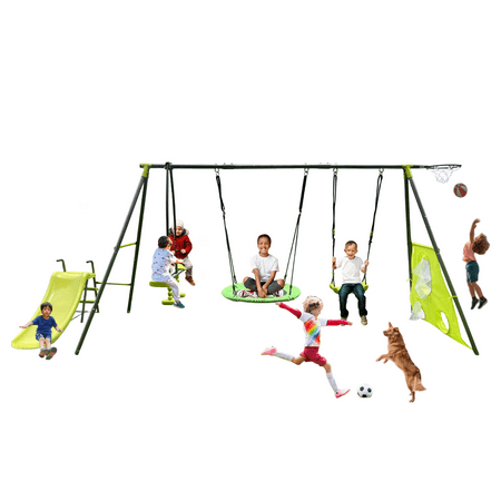 EUROCO 6 in 1 Metal Swing Sets,Heavy Duty Kid Swing Sets with Slide, Extra Enhanced Beam, Climbing Ladder, Monkey Bar Swing,Disc Swing and Score Net,Outdoor Playsets for 6-7 Kids