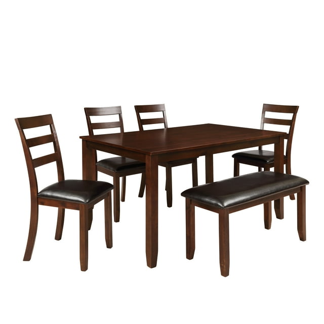EUROCO 6-Piece Dining Room Table Set with 4 Ladder Chairs and Bench, Brown