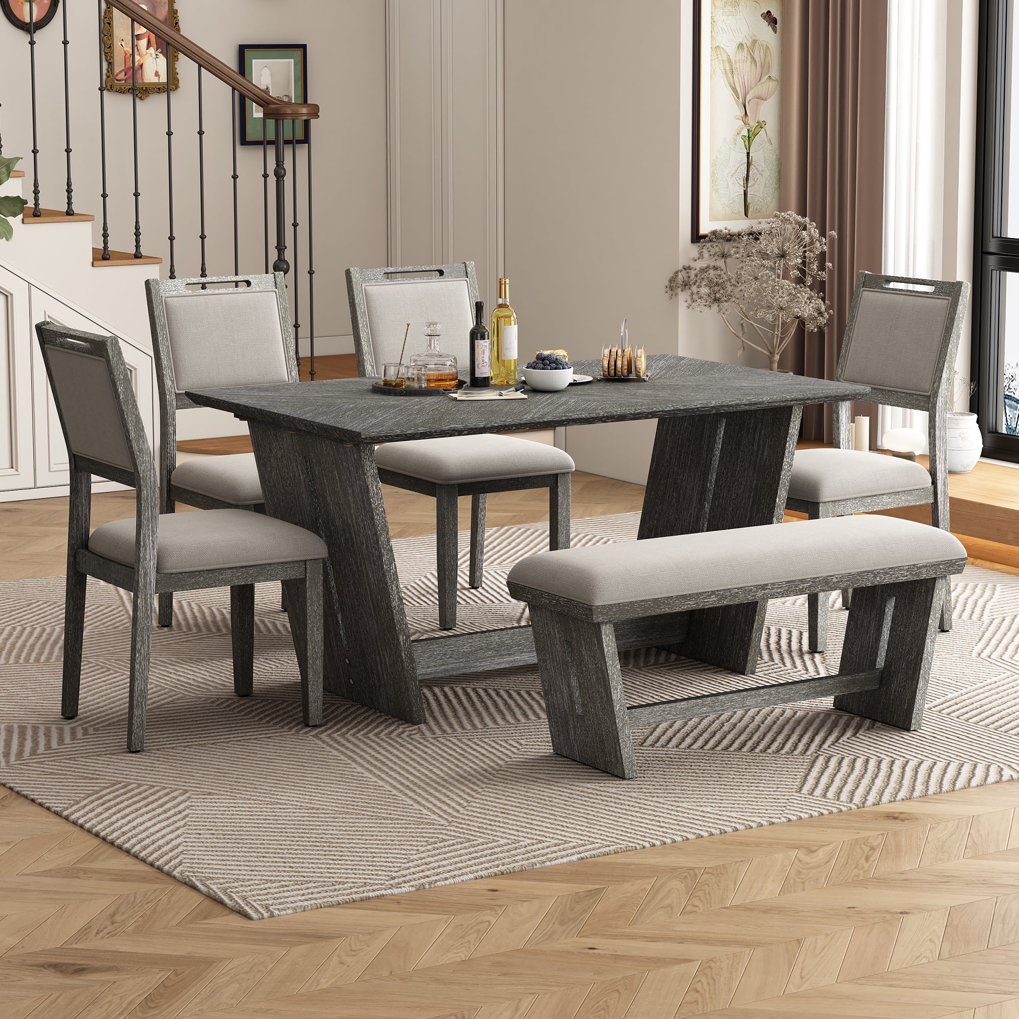 Euroco 6-Piece Dining Table Set for 6, 59.8" Retro Rectangular Kitchen Table with 4 Upholstered Chairs & 1 Bench,Dining Furniture Set for Living Room and Kitchen,Gray