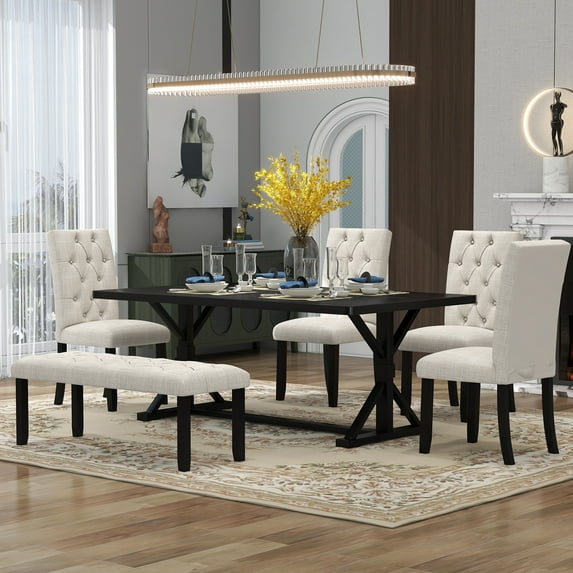 Euroco 6-Piece Dining Table Set for 6,Farmhouse Dining Table Set with 4 Upholstered Chairs, Bench and Wood Table,Kitchen Table Set for Dining Room,Living Room,Espresso