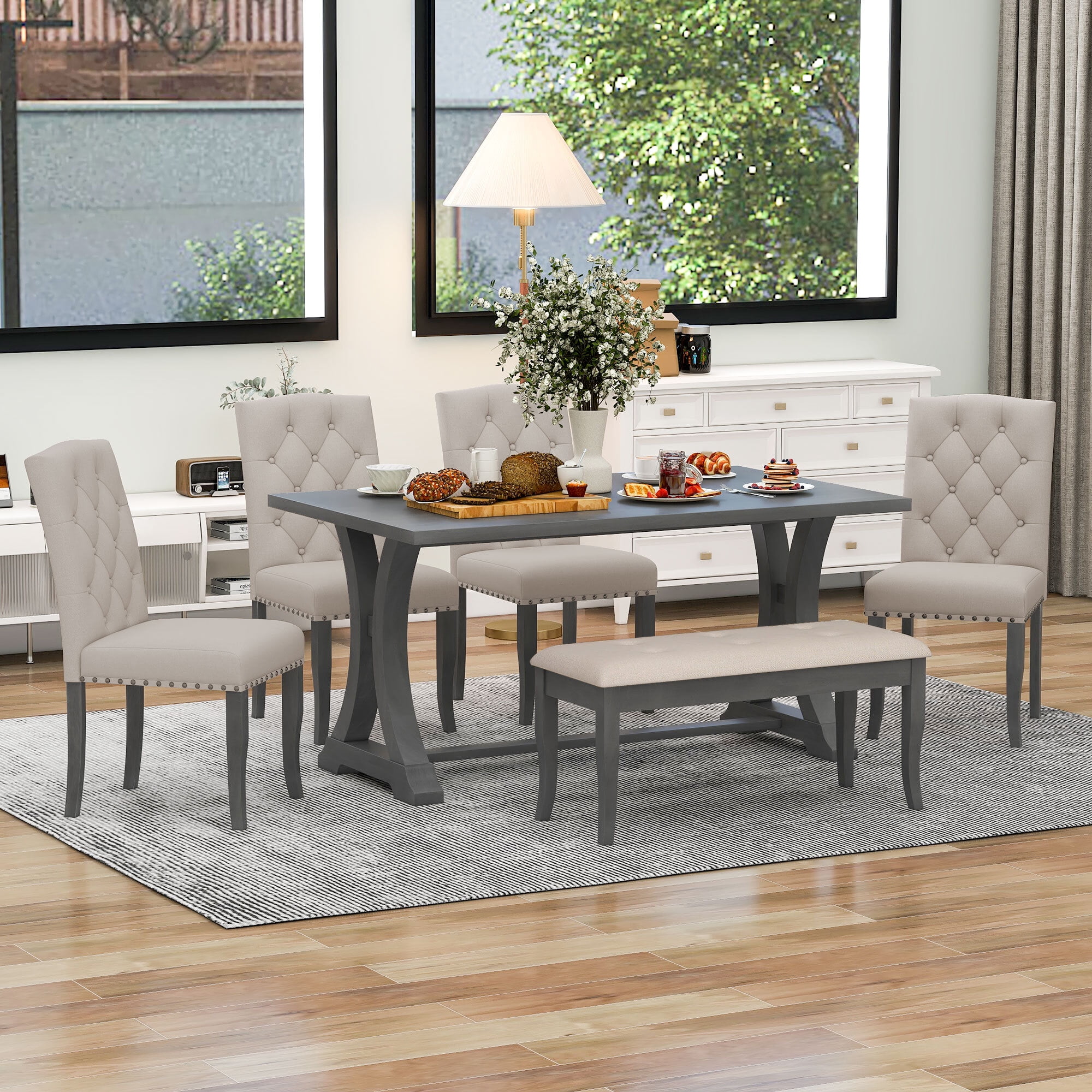 Euroco 6 Piece Farmhouse Dining Set with Solid Wood Rectangular Trestle Table 4 Upholstered Chairs and Bench