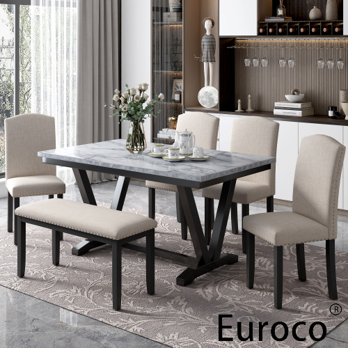 EUROCO  60"  6-Piece Dining Table Set,Dining Room Set with  Marbled Tabletop,V-shaped Table Legs,Bench and  4 Cushioned Chairs,Solid Wood Rectangular Table and Chair Set, Kitchen Table Set
