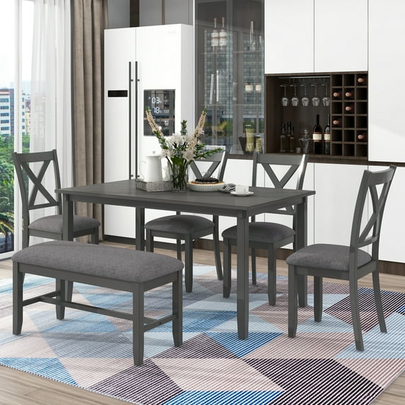 EUROCO 6-Piece Kitchen Dining Table Set Wooden Rectangular Dining Table, 4 Fabric Chairs and Bench Family Furniture
