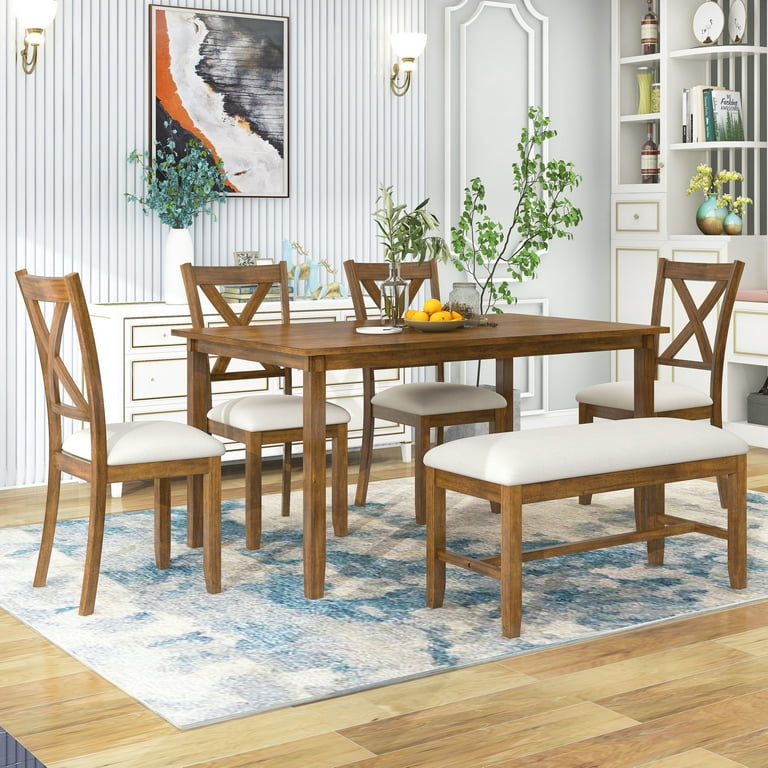 EUROCO 6 Piece Kitchen Dining Table and Chair Set 60 Dining Room Table Set with Solid Wood Table 4 Fabric Chairs and 1 Fabric Bench Rectangle Dining Table Set for 6 Walmart