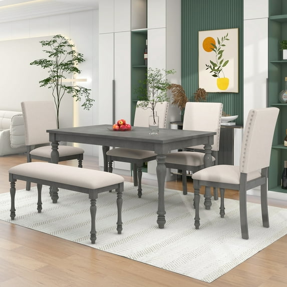 EUROCO 6 Piece Kitchen Dining Table and Chair Set,60” Dining Room Table Set with Solid Wood Table,4 Upholstered Chairs and 1 Upholstered Bench,Rectangle Dining Table Set for 6