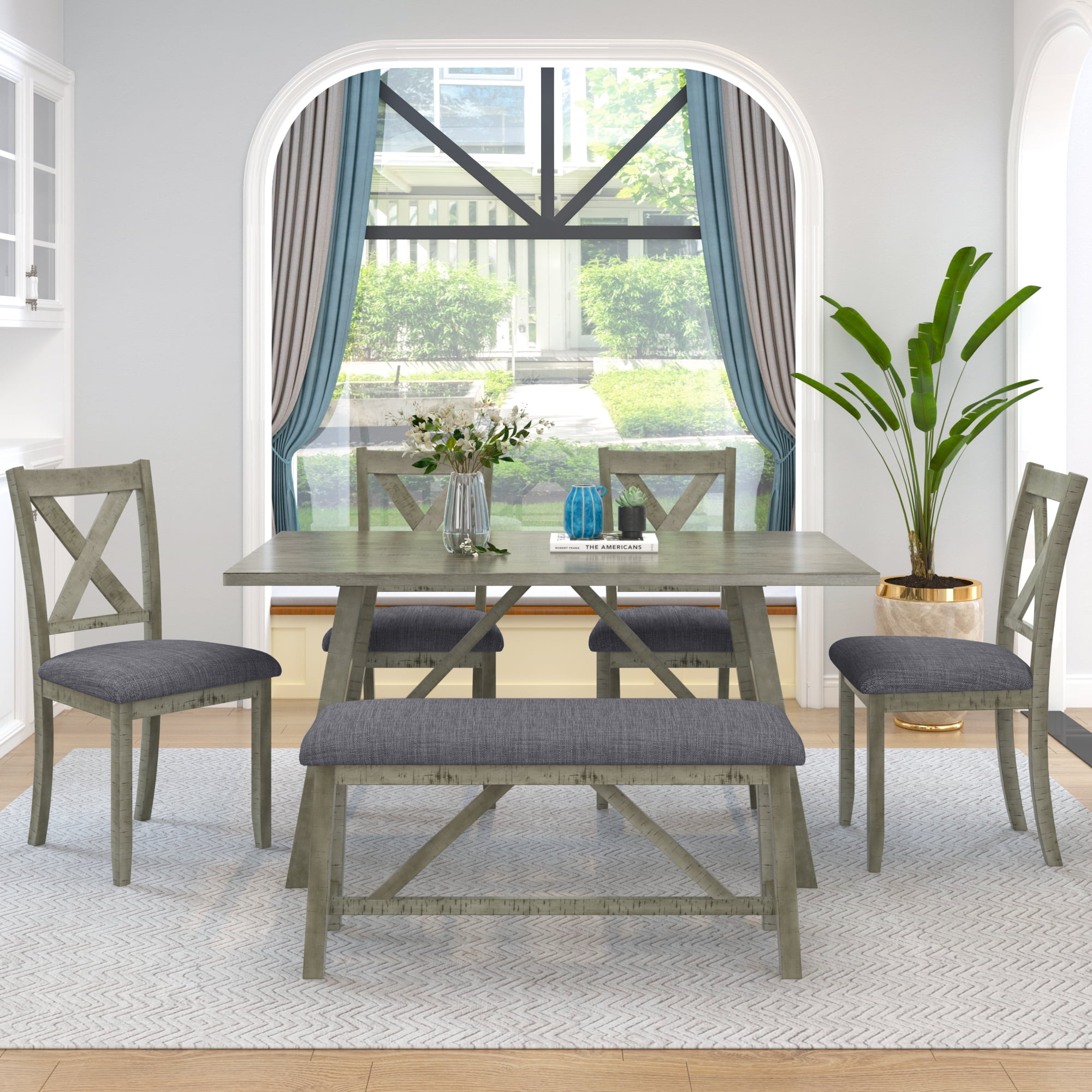 EUROCO 6 Piece Solid Wood Dining Set with 60” Table, 4 Fabric Chairs