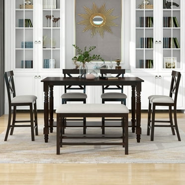 EUROCO 6-Piece Kitchen Dining Table Set,36” Counter Height Dining Table Set with Rectangular Table ,4 Fabric Chairs and 1 Fabric, Rectangle Dining Table Set for 6