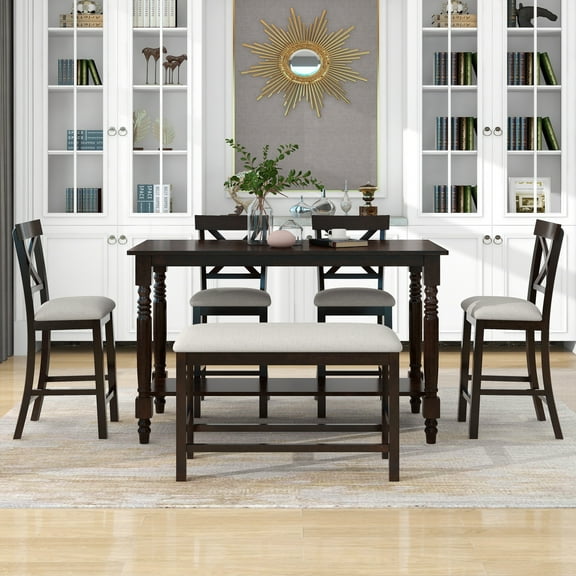 EUROCO 6-Piece Kitchen Dining Table Set,36” Counter Height Dining Table Set with Rectangular Table ,4 Fabric Chairs and 1 Fabric, Rectangle Dining Table Set for 6