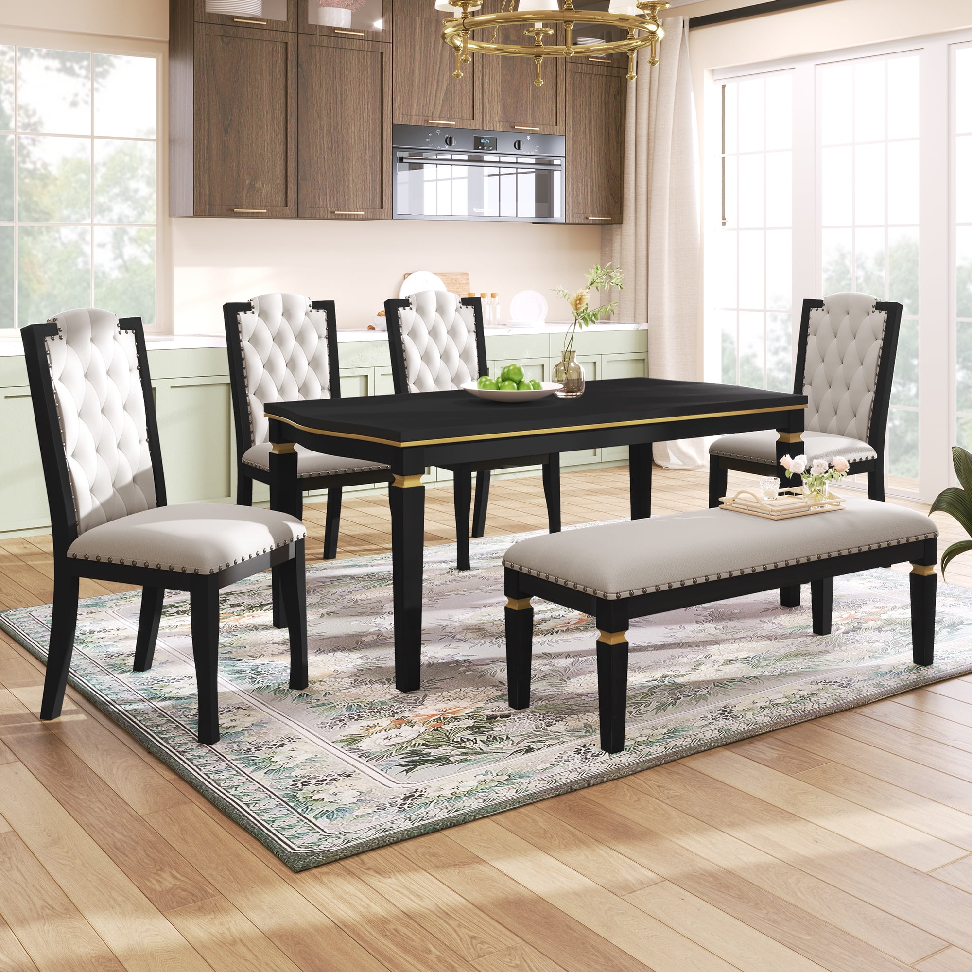 EUROCO 6-Piece Kitchen Dining Table Set for 6,Modern Dining Table Set with 60"L Rectangular Table,4 Upholstered Chairs & Bench for Dining Room and Kitchen,Black