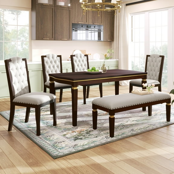 EUROCO 6-Piece Kitchen Dining Table Set for 6,Modern Dining Table Set with 60"L Rectangular Table,4 Upholstered Chairs & Bench for Dining Room and Kitchen,Espresso