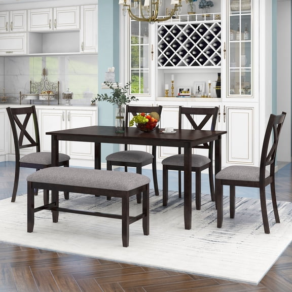 Euroco 6-Piece Kitchen Dining Table Set, Wooden Rectangular Dining Table with 4 Fabric Chairs and 1 Bench, Family Furniture Set for 6