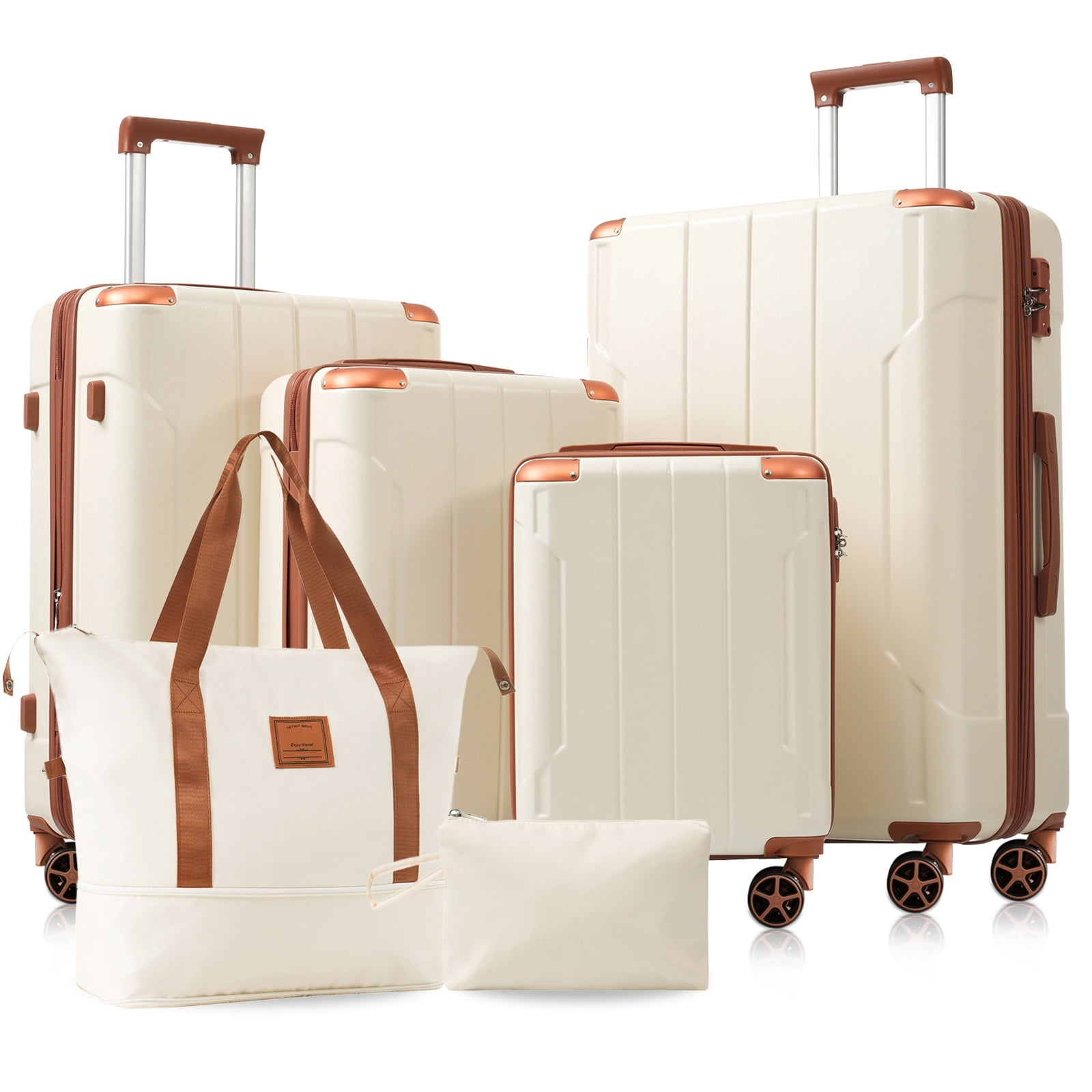 EUROCO 6 Piece Luggage Set, Hardshell Expandable Suitcase with TSA Lock, Spinner Wheels and 2 Bags,Travel Carry On Suitcase Set for Men Women,White Brown
