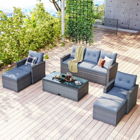 EUROCO 6 Piece PE Rattan Sectional Sofa Set,Outdoor Conversation Set,All-Weather Wicker with Removable Light Beige Cushions & Coffee Table,Modern Furniture Couch Set for Patio Deck Garden Pool