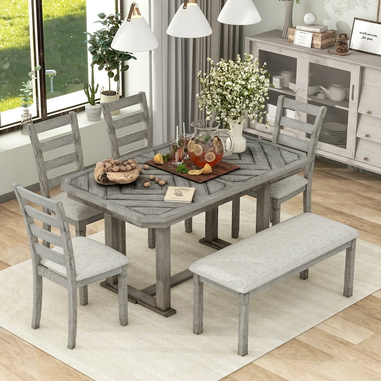 EUROCO 6 Piece Rubber Wood Dining Table Set 60 Dining Room Set with Beautiful Wood Grain Pattern Tabletop Solid Wood Veneer 4 Soft Cushion Chairs and Bench Kitchen table Set for 6 Walmart