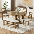thumbnail image 1 of EUROCO 60" 6 Piece Solid Wood  Extendable Dining Table Set for 6 , Dining Room Table Set with 18inch Removable Leaf,4 Upholstered Chairs and 1 Longer Bench,Round KitchenTable Set for 6, 1 of 7