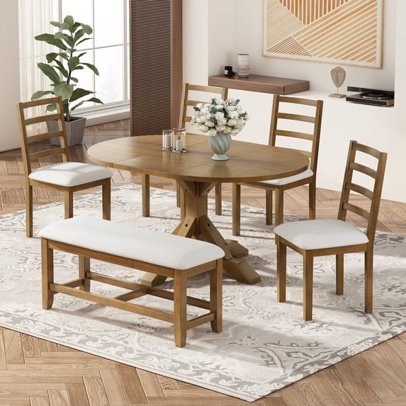 EUROCO 60" 6 Piece Solid Wood Extendable Dining Table Set for 6 , Dining Room Table Set with 18inch Removable Leaf,4 Upholstered Chairs and 1 Longer Bench,Round KitchenTable Set for 6