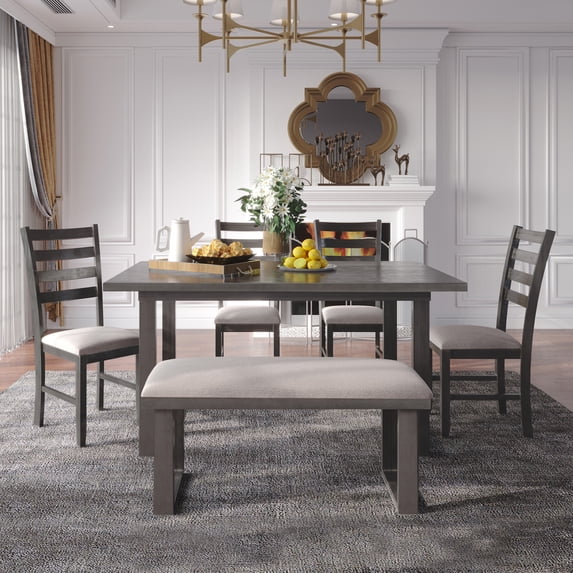 Euroco 6-Pieces Family Furniture Set, Solid Wood Dining Room Set with Rectangular Table,4 Chairs & Bench,Modern Kitchen Table Set for 6