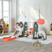 EUROCO 6 in 1 Toddle and Swing Set with Adjustable Swing and Slide Height, Rocket Swing Set with Basketball Stand