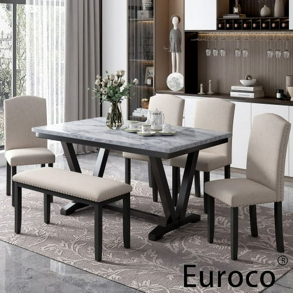 EUROCO  60"  6-Piece Dining Table Set,Dining Room Set with  Marbled Tabletop,V-shaped Table Legs,Bench and  4 Cushioned Chairs,Solid Wood Rectangular Table and Chair Set, Kitchen Table Set