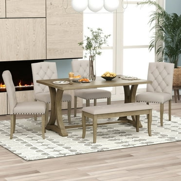 EUROCO  60"  6-Piece Dining Table Set,Dining Room Set with Table,Bench and  4 Cushioned Chairs,Solid Wood Rectangular Table and Chair Set, Kitchen Table Set