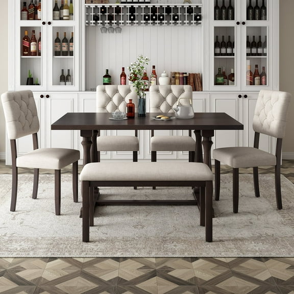 EUROCO 6-Piece Dining Table and Chair Set with Special-shaped Legs and Foam-covered Seat Backs&Cushions for Dining Room