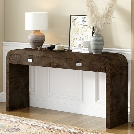 EUROCO 60" Entryway Console Table,Long Sofa Table with 2 Drawers and Burl Wood Veneer,Entry Way Table for Living Room, Hallway, Foyer,Dark Brown