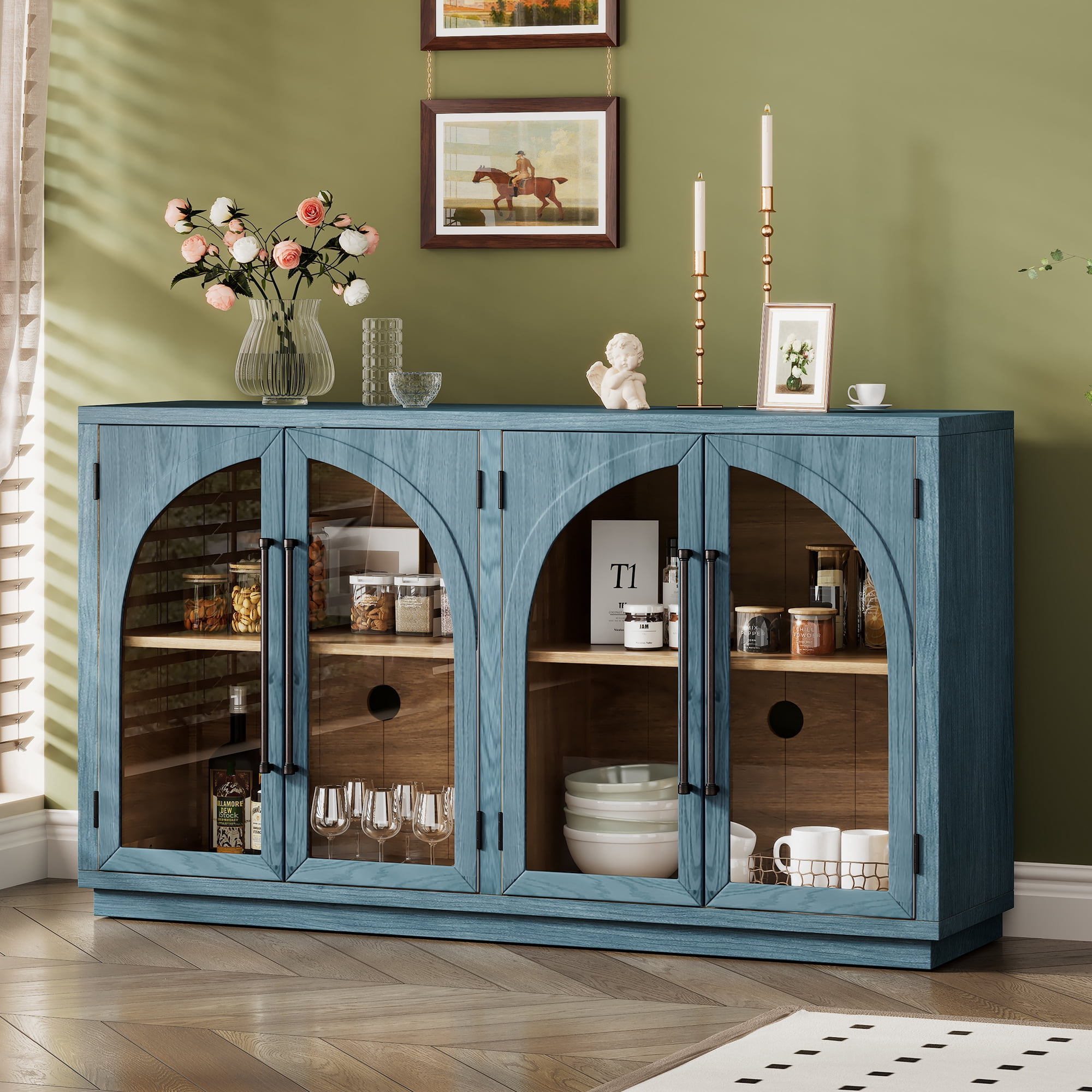 EUROCO 60" Large Sideboard Buffet Cabinet,Storage Cabinet with Glass Doors and Adjustable Shelves,Arched Kitchen Cabinet Display Cabinet for Kitchen, Living Room, Hallway,Navy