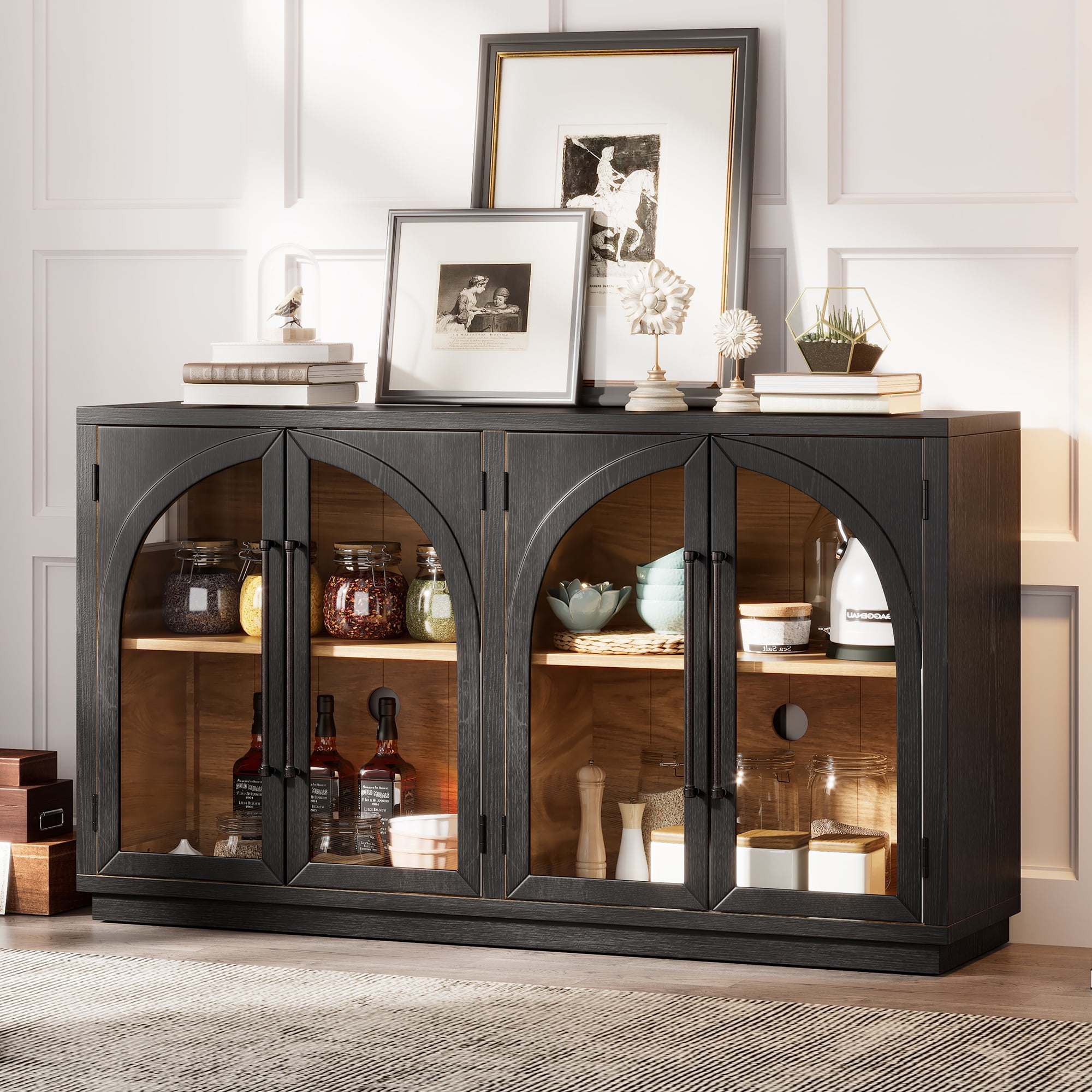 EUROCO 60" Large Sideboard Buffet Cabinet,Storage Cabinet with Glass Doors and Adjustable Shelves,Arched Kitchen Cabinet Display Cabinet for Kitchen, Living Room, Hallway,Black