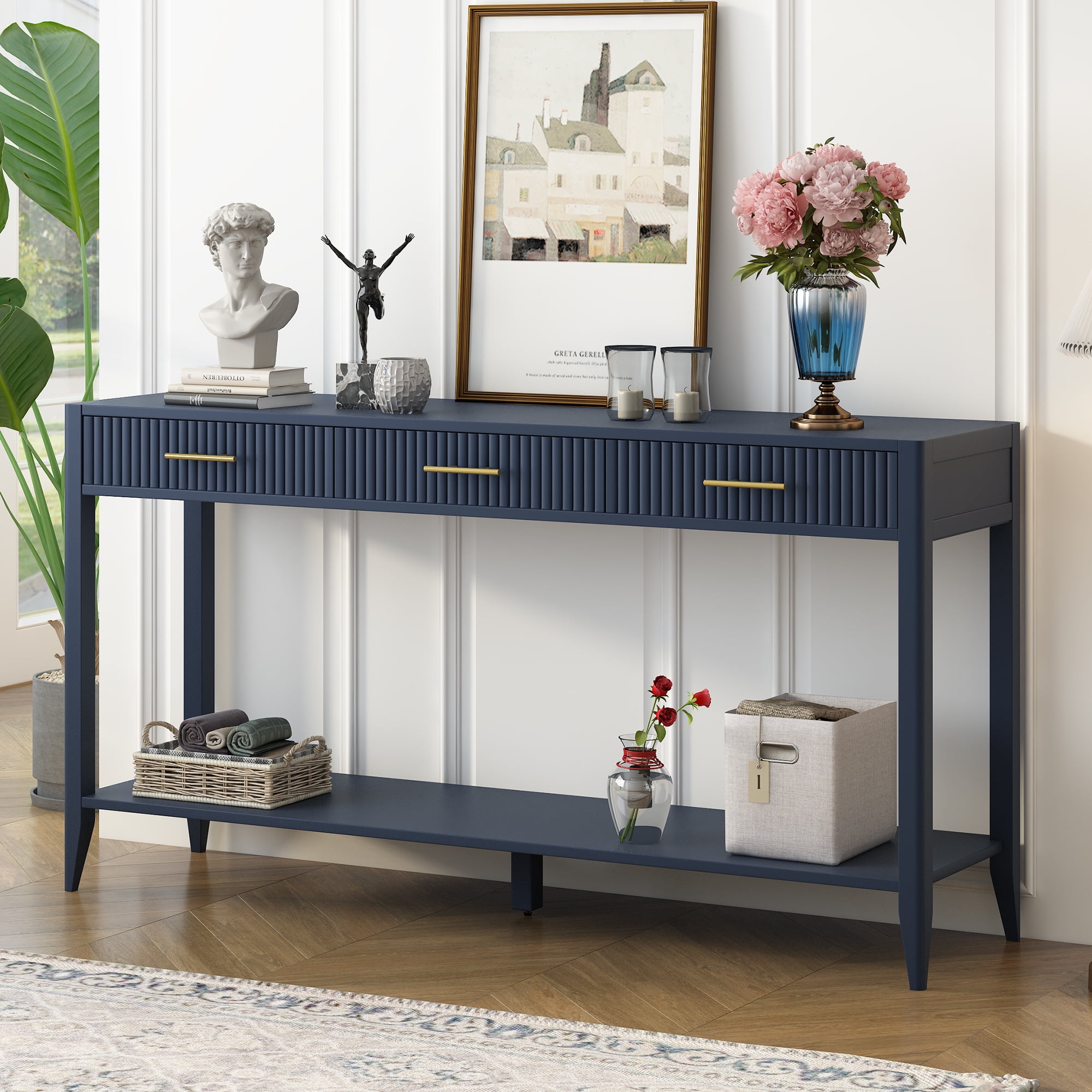 EUROCO 60" Long Console Table,Wood Sofa Table for Entryway with 3 Drawers,Vertical Stripe Drawers and Open Shelf for Living Room Hallway Foyer Office,Navy Blue