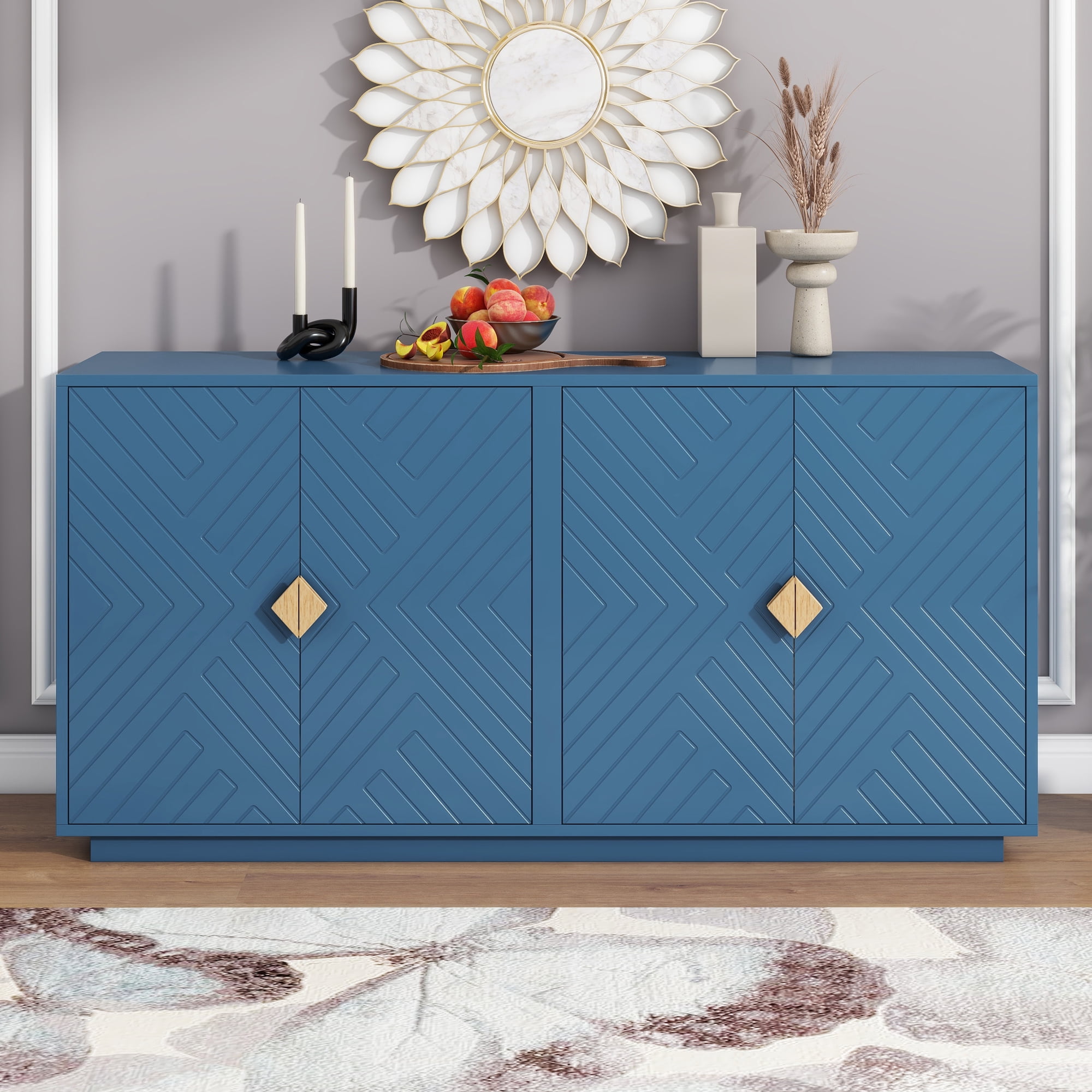 EUROCO 60 Modern Functional Large Storage Sideboard MDF Storage Buffet Cabinet with 4 Doors Wooden Triangular Handles and Adjustable Shelves for Living Room and Dining Room Navy Blue Walmart
