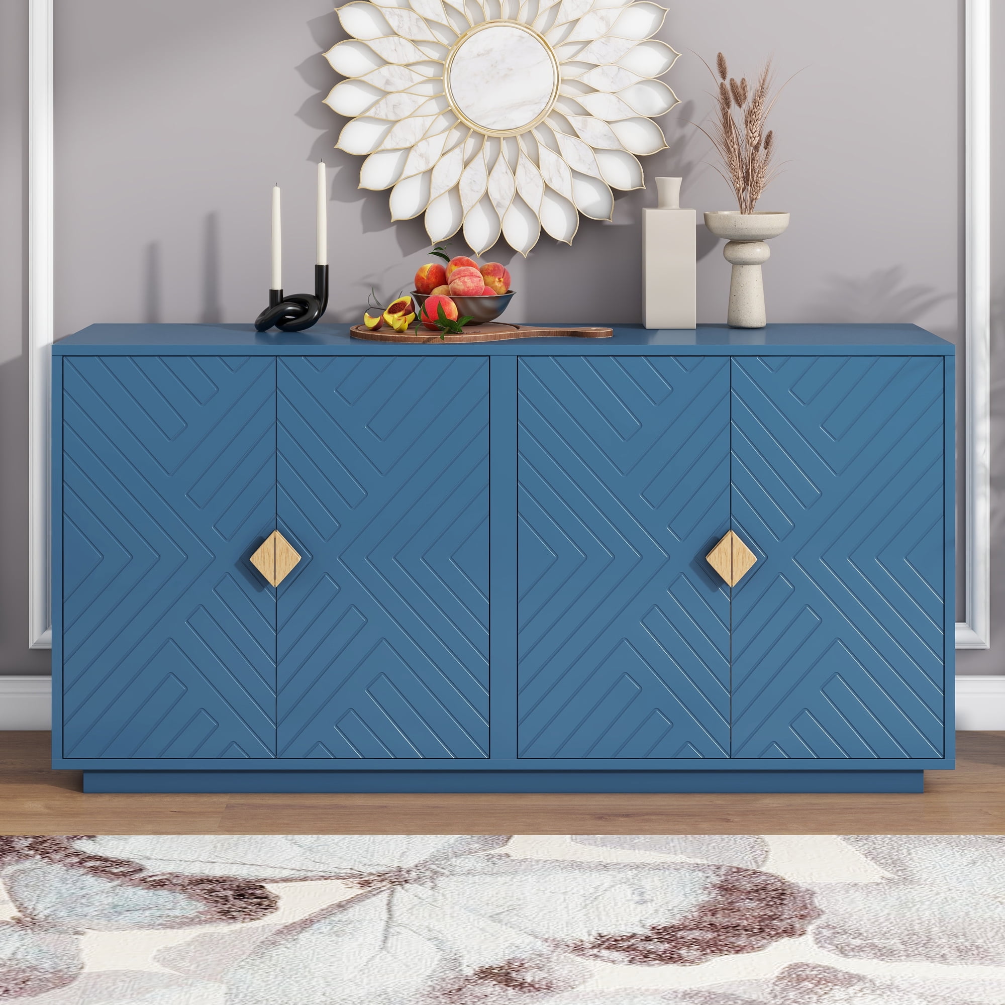 EUROCO 60 Modern Sideboard Storage Buffet Cabinet Functional Wire Hole Designed Storage Sideboard with 2 Adjustable Shelves and Wooden Triangular Handles for Living Room and Dining Room Navy Blue Walm...